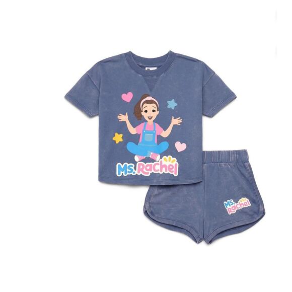 Ms. Rachel Toddler Girl Washed Crewneck Top and Short Set 3T Blue New - Picture 1 of 9